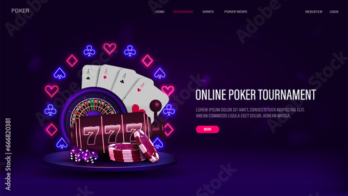 A web banner with casino roulette, slot machine, poker cards, dice and chips on the podium with a bright neon frame of diamonds, hearts, spades and diamonds on a purple background.