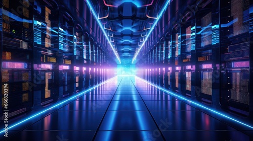 Rows of computer servers fill the open datacenter  with screens displaying lines of code  highlighting the heart of technology