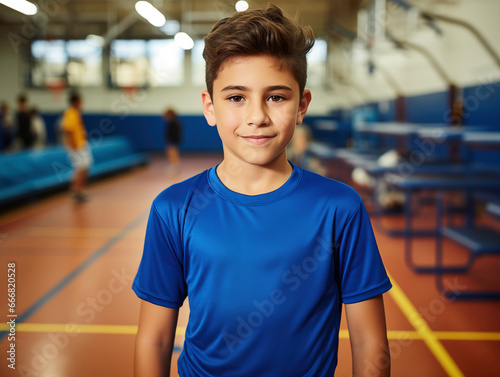 Primer plano de un estudiante latino de primaria en el gimnasio de su escuela usando una playera deportiva azul photo