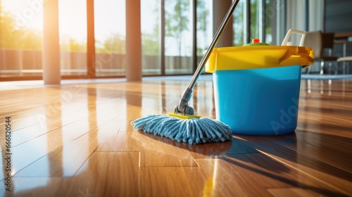 Floors are being cleaned diligently with mops and buckets, ensuring a clean and hygienic space