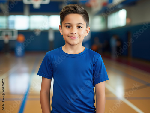 Primer plano de un estudiante latino de primaria en el gimnasio de su escuela usando una playera deportiva azul photo