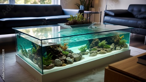an aquarium in the living room in the form of a coffee table. Generation AI