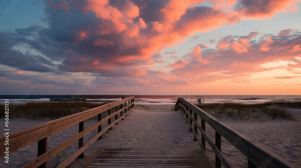 The wooden bridge extends onto the sandy beach, under a sky painted with shades of orange and pink