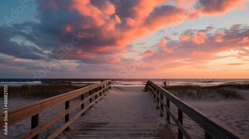 The wooden bridge extends onto the sandy beach  under a sky painted with shades of orange and pink