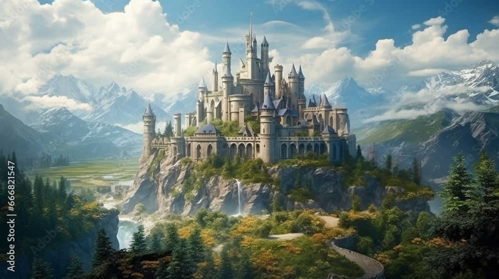 fantasy landscape with ancient castle. illustration castle on hill sunrise. generative ai