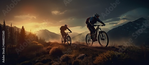 Two mountainbikers riding down a mountain at sunset. © LeitnerR
