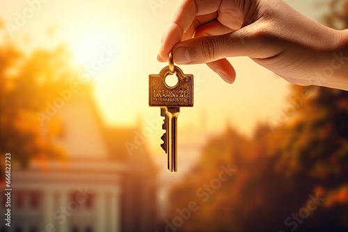 A hand holding a key at sunset. New home, business, investment and real estate concept. 
