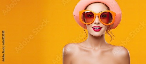 Cheerful young woman wearing heart shaped sunglasses and a lifebuoy ensuring summer safety