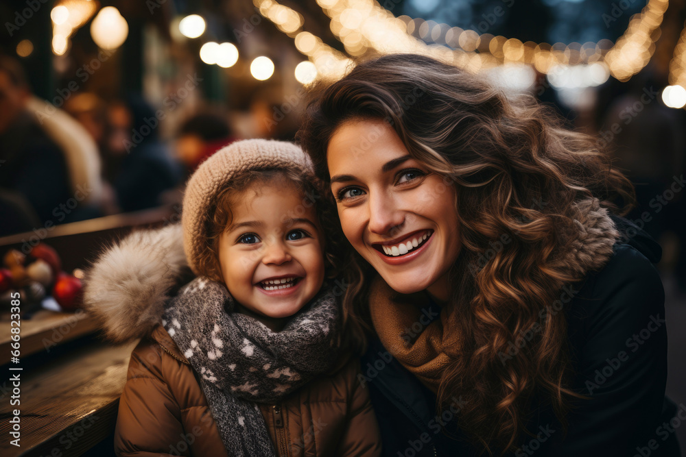 Mother and child having exciting time on traditional Christmas market on winter evening. Mother and kid enjoying themselves in Christmas town decorated with lights.