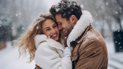 Beautiful young couple walking in a winter park, snow, happiness, romance. Generation AI