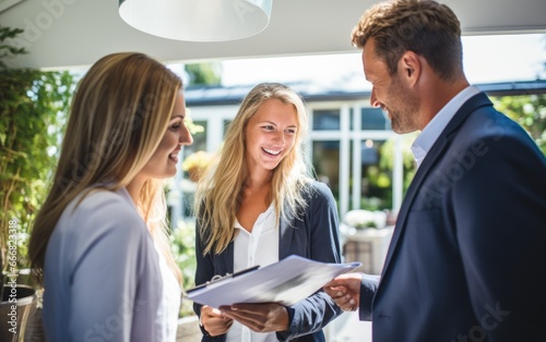Real estate agent discussing property details with prospective buyers