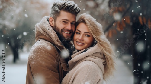 Beautiful young couple walking in a winter park, snow, happiness, romance. Generation AI