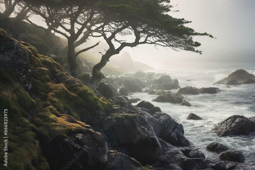 Rocky birches in Ireland with cold water, raging sea, fog, waves, and ocean in an Irish seascape. Generative AI