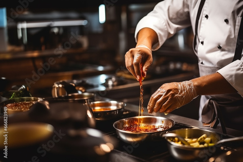 Close up male chef's hand in uniform pour soup, sauce, cheese, seasoning or egg into bowl of food or soup in stock pot at restaurant's kitchen.