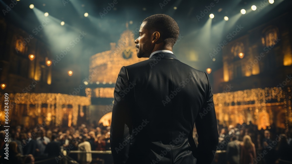 A businessman speaking to a crowd at a convention or training. Generative AI. A businessman speaking to a crowd at a convention or training. Generative AI.