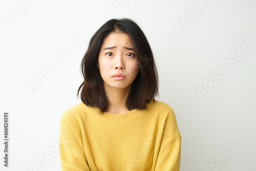 Portrait of serious young asian woman wearing a yellow sweater