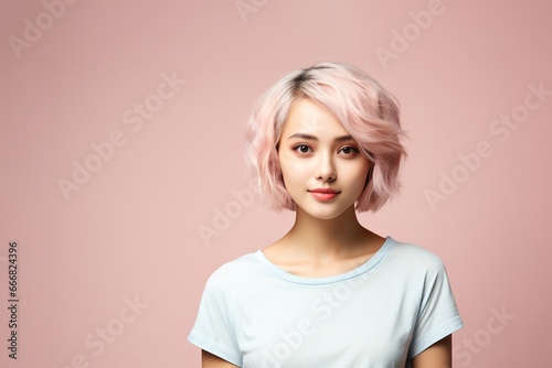 Portrait of confident young woman in short blonde hair wear blank t-shirt