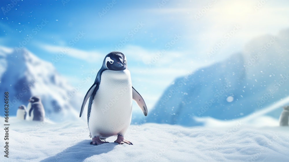 Penguin animal life in arctic iceland blurred background. AI generated image