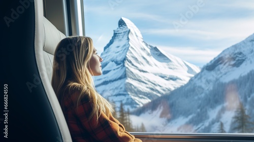 A girl travels on a train, looks out the window at a mountainous winter landscape. Generation AI