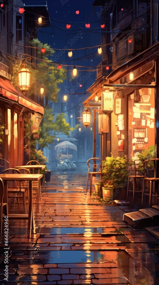 Anime-style illustration of an urban street on a rainy night