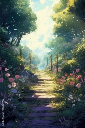 Beautiful anime-style illustration of a stone path through a garden