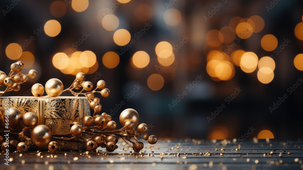 golden shiny new year decorations, gifts on the background of the winter city, place for text, birth, festive, holiday, eve, postcard, congratulations, gold, decor, street golden shiny new year decorations, gifts on the background of the winter city, place for text, birth, festive, holiday, eve, postcard, congratulations, gold, decor, street