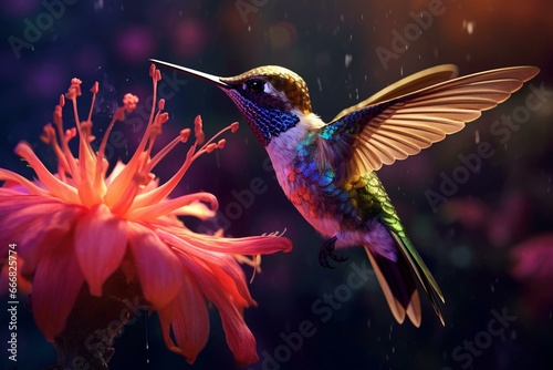 Bird sipping nectar from pretty digital flower. Generative AI