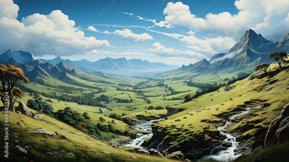 Majestic Alpine Beauty: Captivating Mountain Landscapes, Enchanting Skies, and Exquisite Nature's Tapestry in Summer, generative AI
