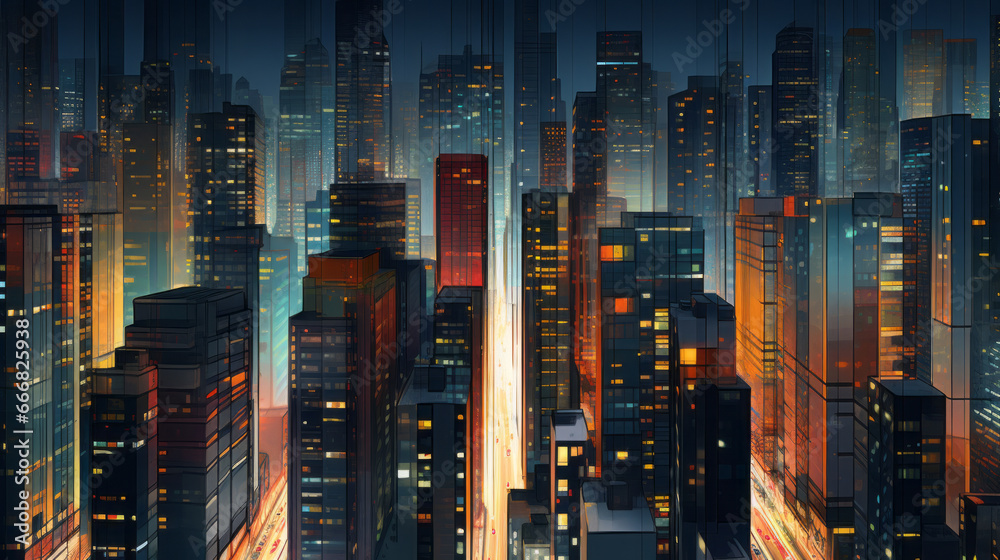 Nighttime cityscape in a vibrant digital painting