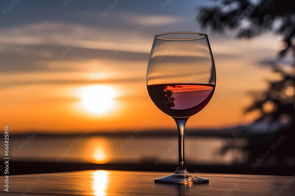 A solitary wine glass, elegantly perched upon a table, becomes an exquisite vessel that captures the ever-fleeting brilliance of a resplendent sunset