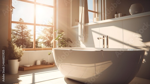 Bathroom interior modern design with sunlight , Generative AI. © Yacine