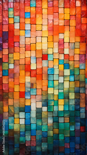 An abstract composition of vibrant square shapes displayed on a gallery wall