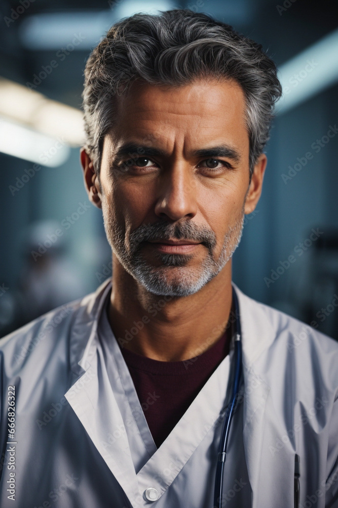 Obraz premium A very professional looking male doctor in an operating room uniform.