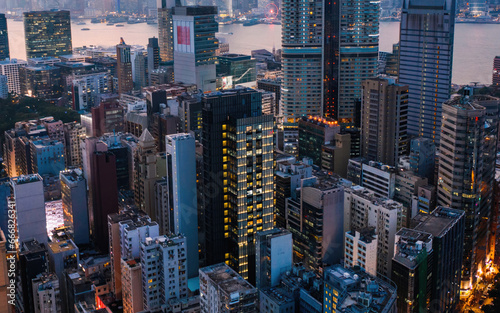 Aerial scenery panoramic view of Hong Kong modern skyscrapers district