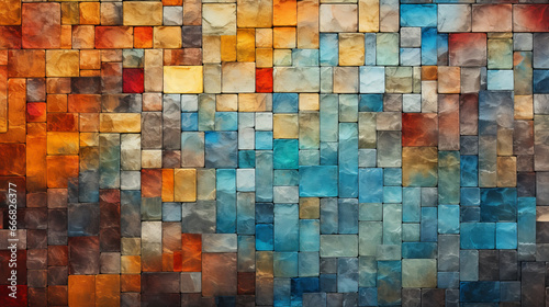 A vibrant and abstract wall covered in a mosaic of colorful squares