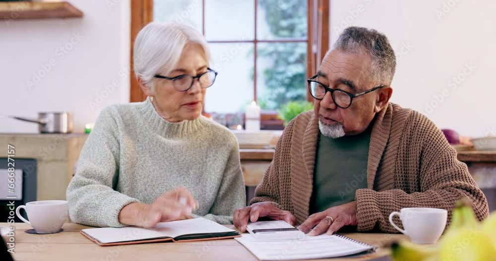 Old couple with bills, calculator and notebook for home budget, mortgage and digital bank payment. Financial documents, senior man and woman at table planning taxes, retirement or audit in apartment.