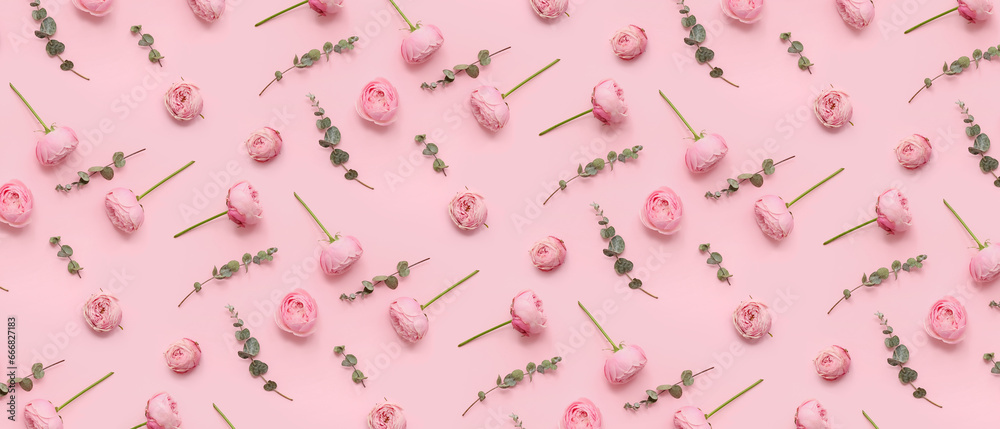 Many beautiful roses on pink background. Pattern for design Many beautiful roses on pink background. Pattern for design