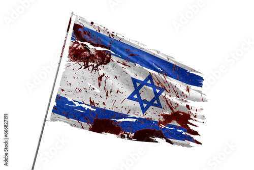 Israel torn flag on transparent background with blood stains.