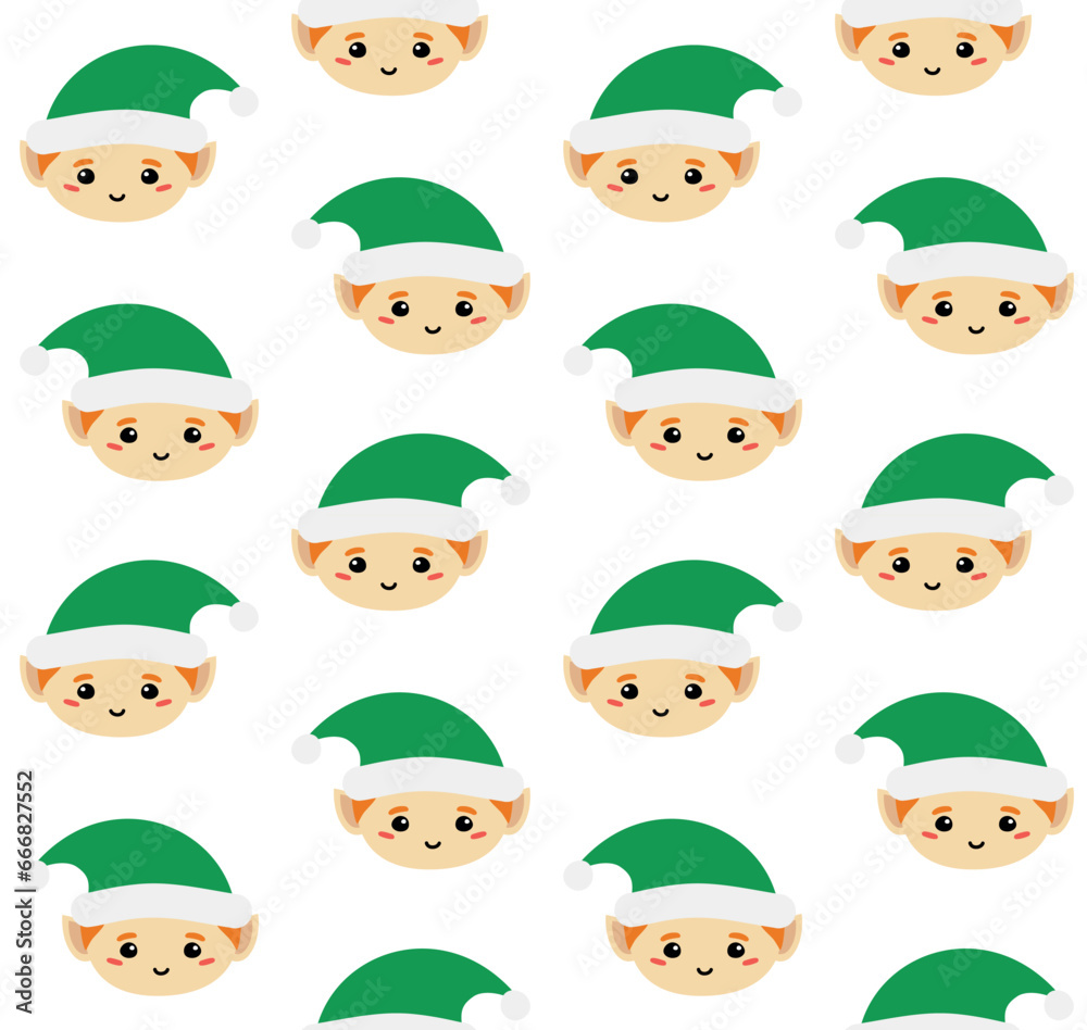 Vector seamless pattern of flat hand drawn Santa elf face isolated on white background Vector seamless pattern of flat hand drawn Santa elf face isolated on white background