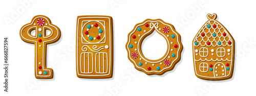 Christmas gingerbread cookies. Winter homemade xmas sweets in shape of house, festive door with key and wreath. Cute cartoon vector illustration