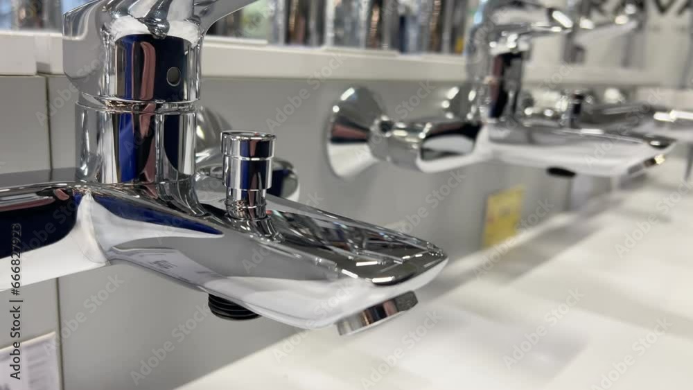 Water saving chrome horizontal single handle shower faucet kit on a rack at the plumbing and accessories store Water saving chrome horizontal single handle shower faucet kit on a rack at the plumbing and accessories store