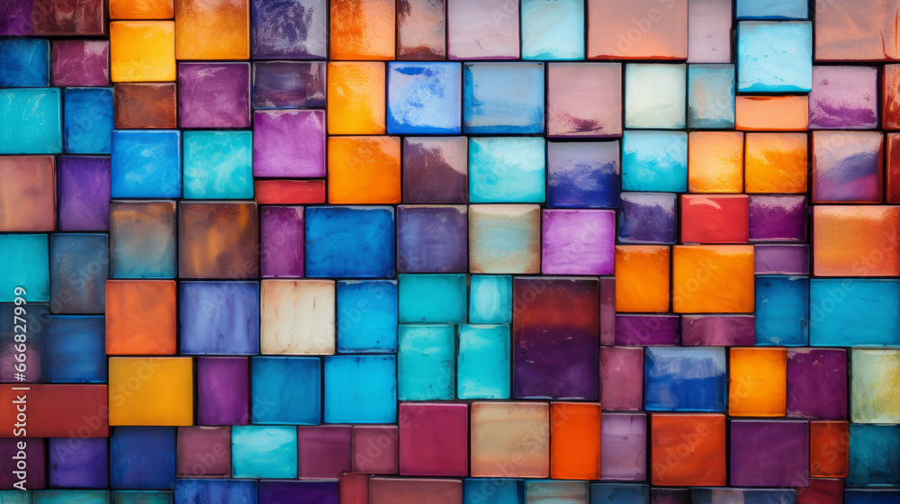 A vibrant and colorful wall with a mosaic of various colored squares A vibrant and colorful wall with a mosaic of various colored squares
