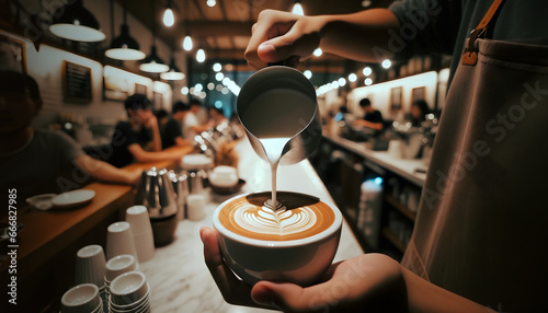 Barista pouring leaf latte art with steamed milk, close-u