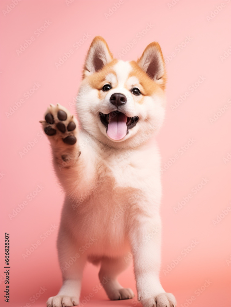 Fototapeta premium small cute Akita puppy on pink background