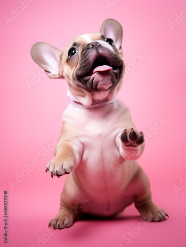 small cute bulldog puppy on pink background