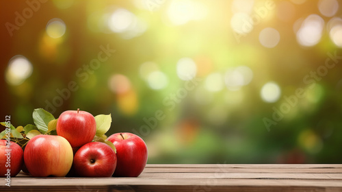 A group of red apples on a wooden surface, with a blurry background photo