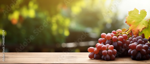 A bunch of grapes on a table, with a blurry background photo