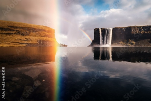 A rainbow reflected in water near a waterfall and in the sky above it, with another rainbow visible in the water below. Generative AI