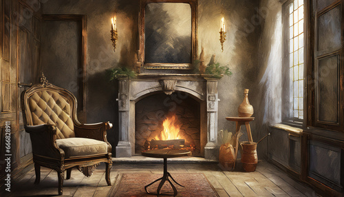 Clip art of room with fireplace and a chair01