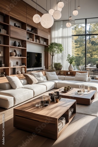 Living room interior design with wooden elements